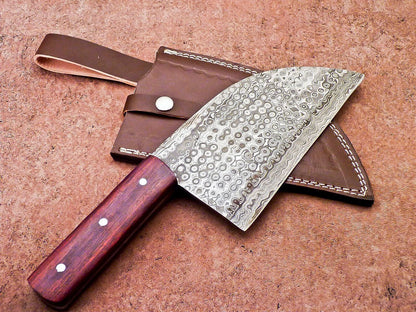 12" Professional Chef Chopper Knife Cleaver Damascus Blade with Wood Handle & Leather Sheath