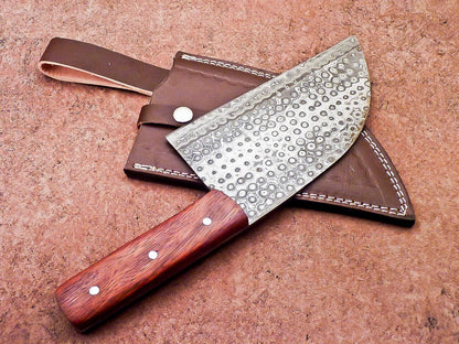 12" Professional Chef Chopper Knife Cleaver Damascus Blade with Wood Handle & Leather Sheath
