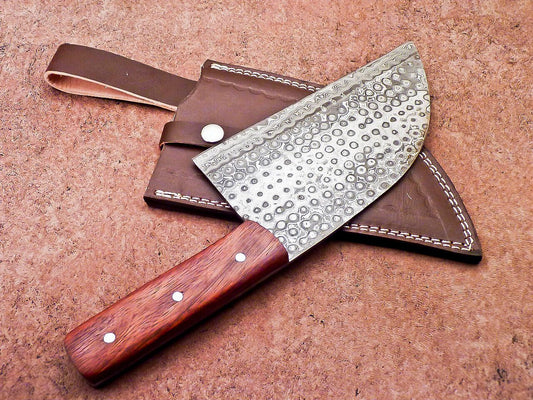 12" Professional Chef Chopper Knife Cleaver Damascus Blade with Wood Handle & Leather Sheath