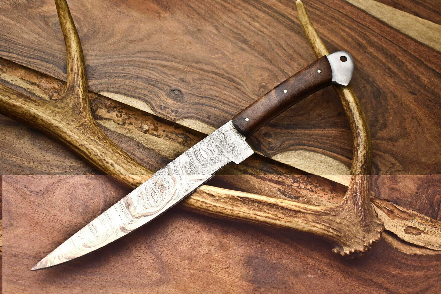 Custom San Mai Damascus Steel Fixed Blade Chef Knife, Walnut Handle