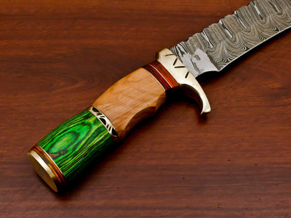 13" Damascus Bowie Knife | Olive & Pakka Wood Handle
