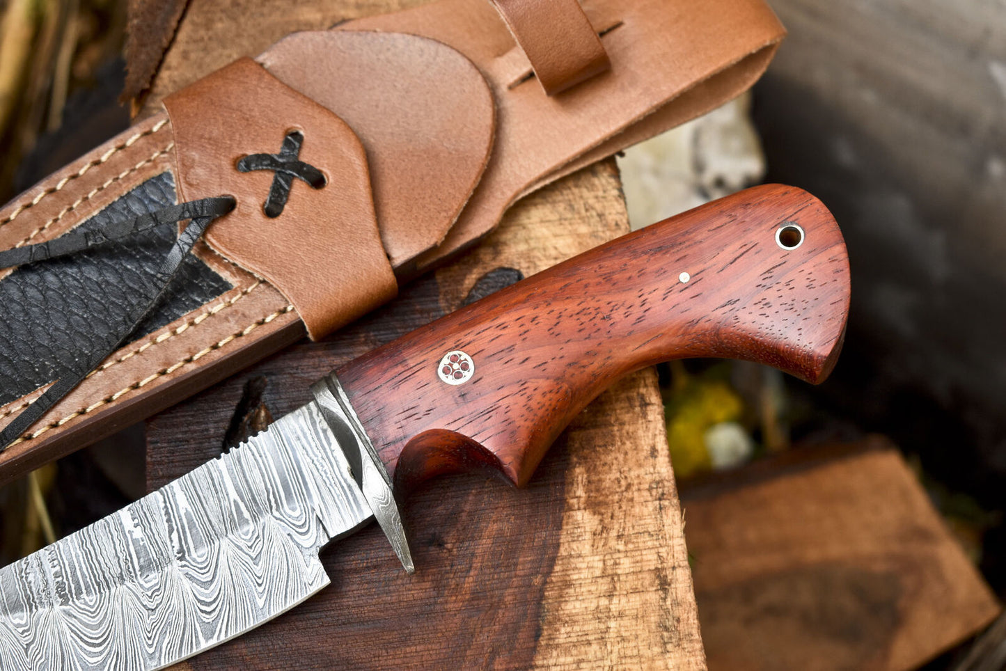 Twist Damascus Skinner Knife with Walnut Wood Handle – Handmade Forged Hunting and Gift Blade with Leather Sheath