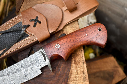 Twist Damascus Skinner Knife with Walnut Wood Handle – Handmade Forged Hunting and Gift Blade with Leather Sheath