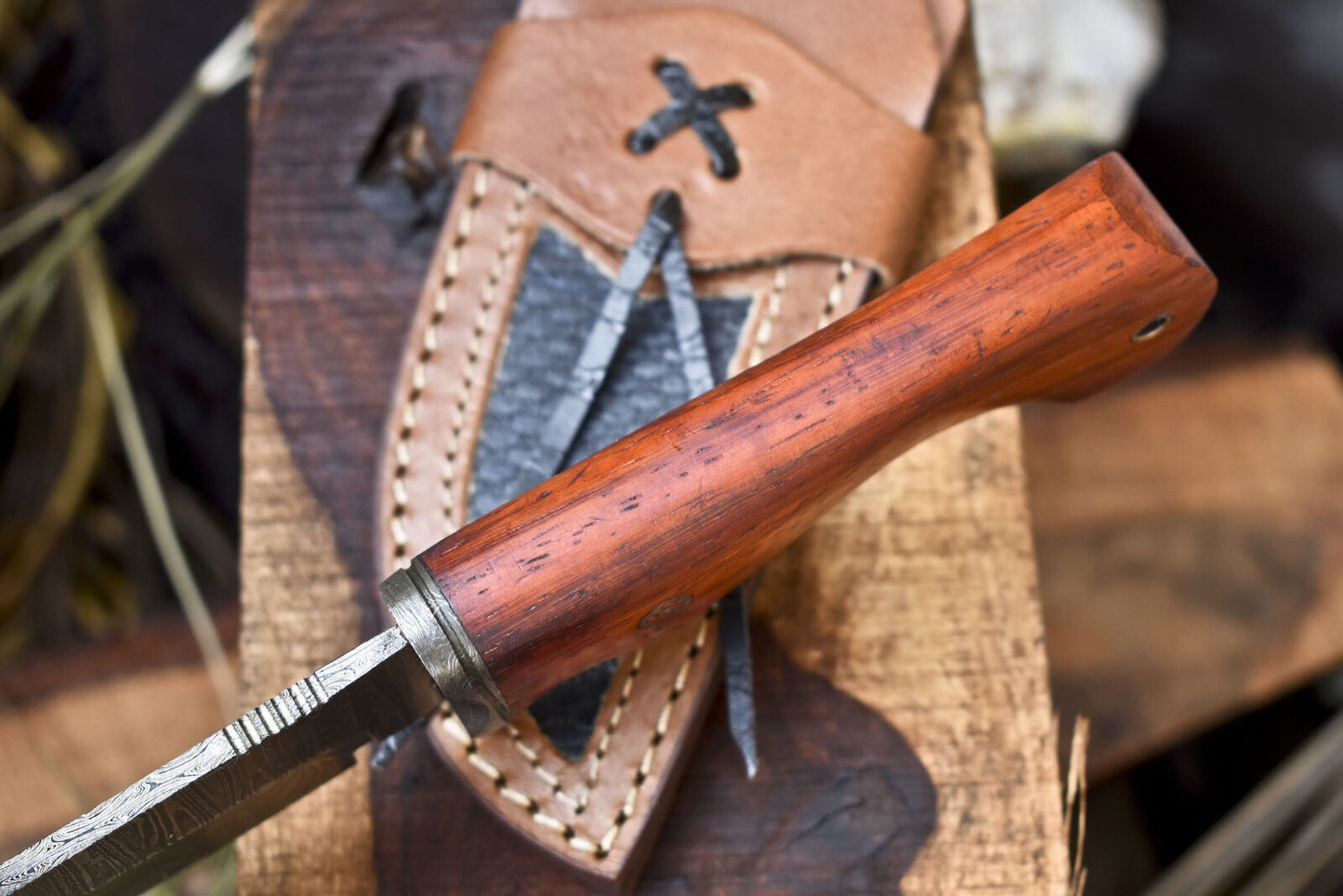 Twist Damascus Skinner Knife with Walnut Wood Handle – Handmade Forged Hunting and Gift Blade with Leather Sheath