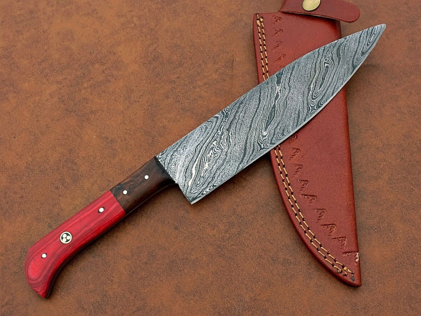 Custom Hand-Forged Damascus Steel Chef Knife | Multipurpose Kitchen & Camping Knife with Leather Sheath