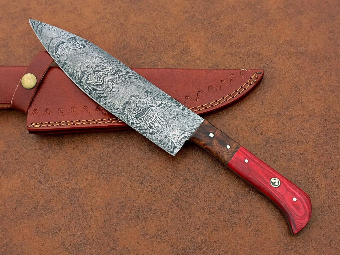 Custom Hand-Forged Damascus Steel Chef Knife | Multipurpose Kitchen & Camping Knife with Leather Sheath