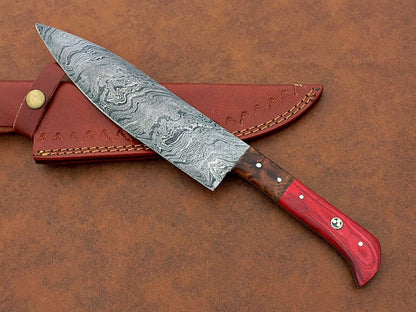 Custom Hand-Forged Damascus Steel Chef Knife | Multipurpose Kitchen & Camping Knife with Leather Sheath