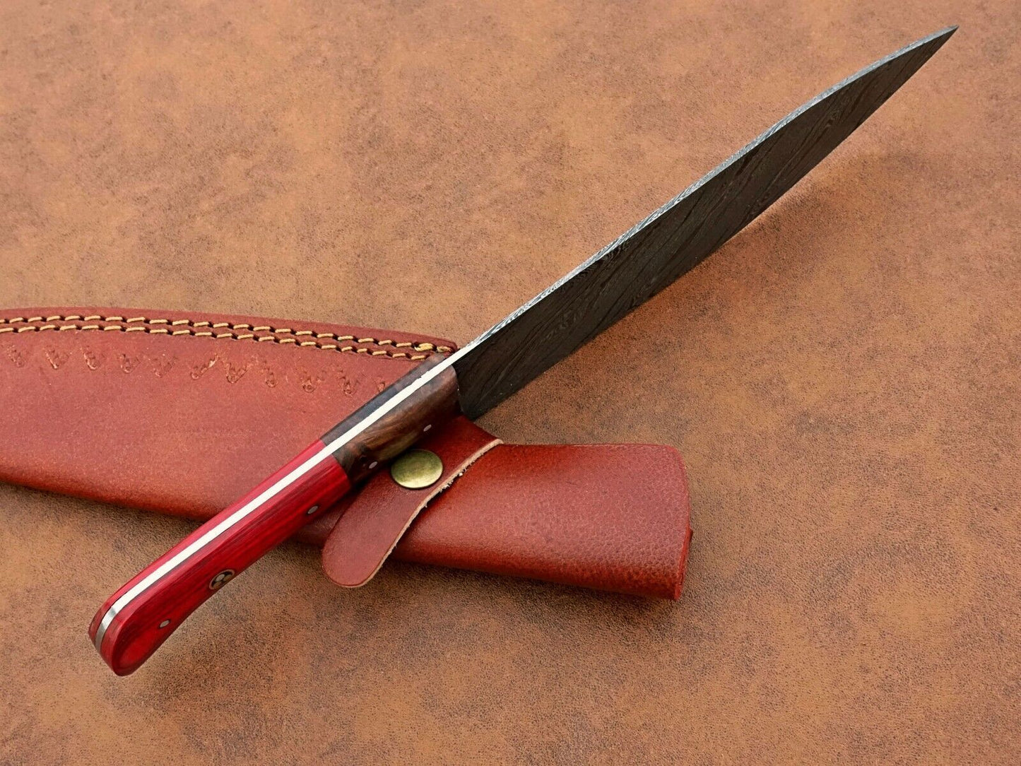 Custom Hand-Forged Damascus Steel Chef Knife | Multipurpose Kitchen & Camping Knife with Leather Sheath