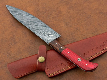 Custom Hand-Forged Damascus Steel Chef Knife | Multipurpose Kitchen & Camping Knife with Leather Sheath