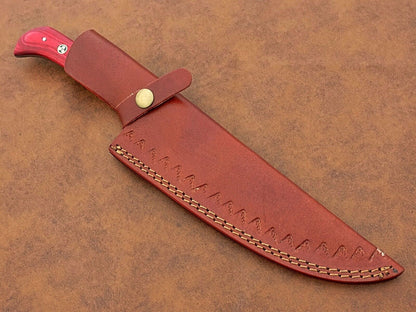 Custom Hand-Forged Damascus Steel Chef Knife | Multipurpose Kitchen & Camping Knife with Leather Sheath