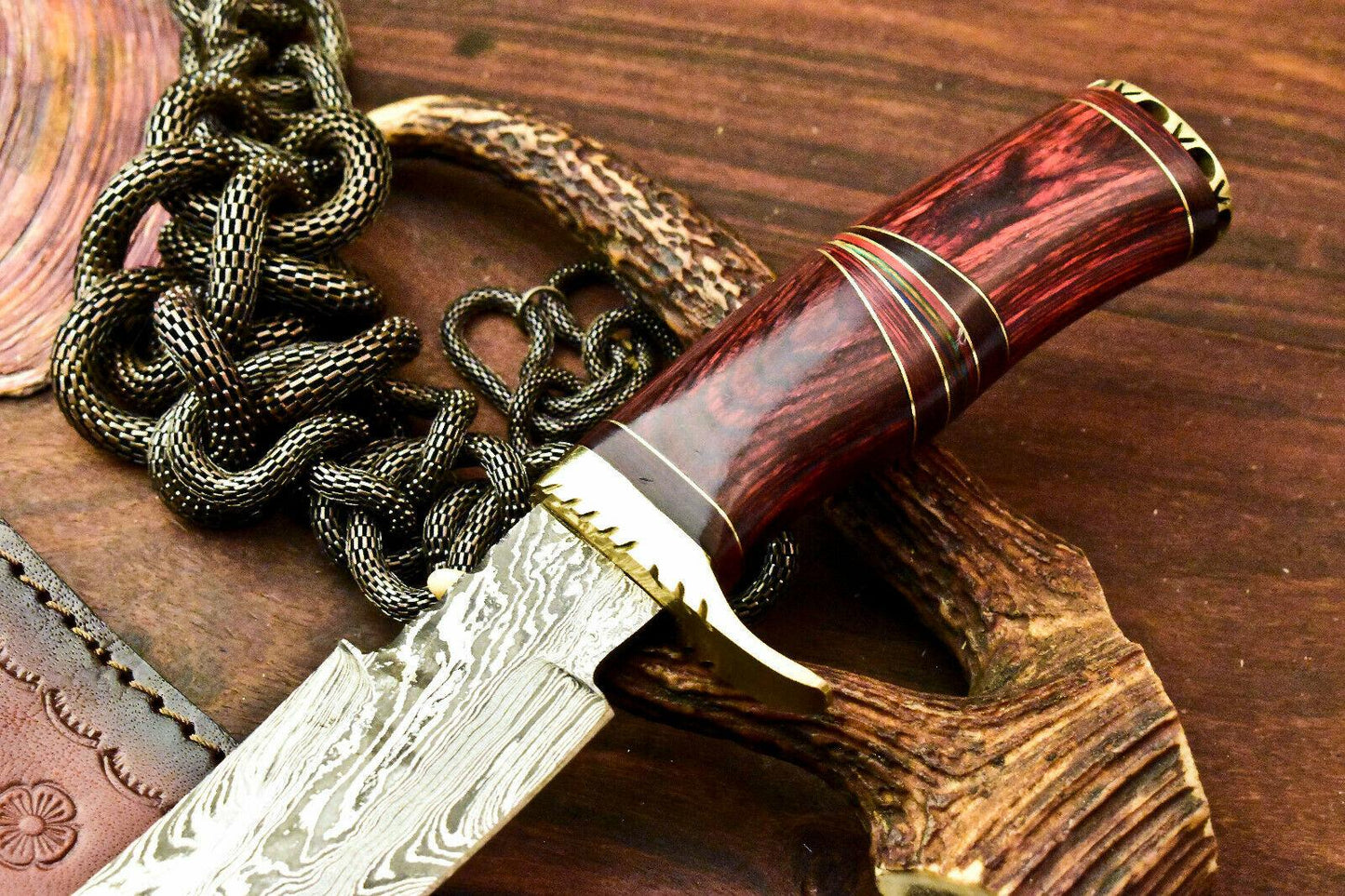Ironwood 13 Inch Damascus Bowie Hunting Knife | Hard Wood Handle