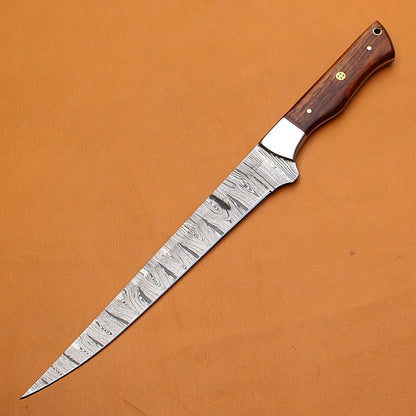 14" Custom Handmade Damascus Fillet Knife Best Fillet Knife W/Sheath