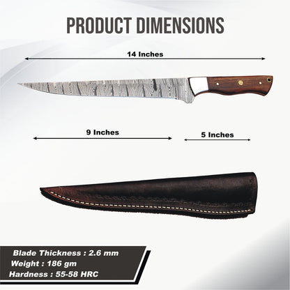 14" Custom Handmade Damascus Fillet Knife Best Fillet Knife W/Sheath