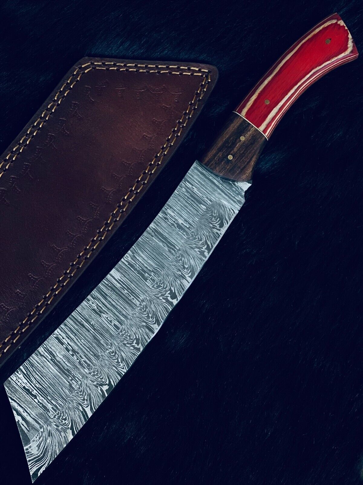 13" Twist Damascus Machete Hunting Knife – Camel Bone & Wood Handle