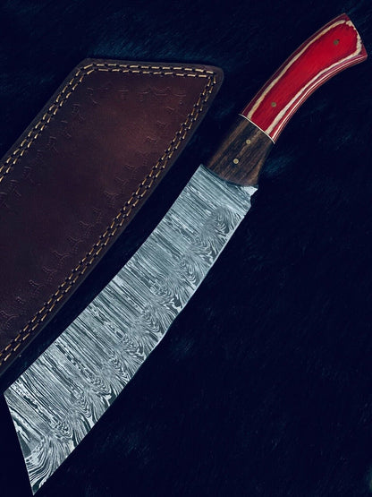 13" Twist Damascus Machete Hunting Knife – Camel Bone & Wood Handle