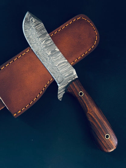 Damascus Steel Bull Cutter Knife 9" Handmade Bull Cutter Knife with Wood Handle