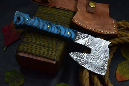 Custom Damascus Steel Axe Hunting Knife | Handmade Resin Handle Blade with Sheath