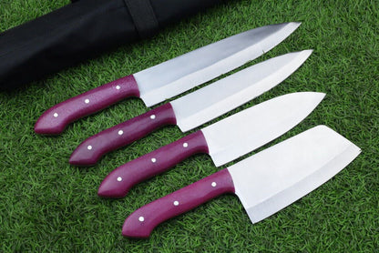 4-Piece Handmade J2 Steel Chef Knife Set with Roll Bag