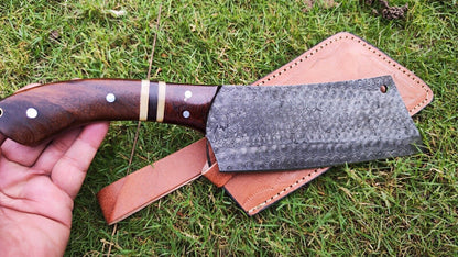 Handmade Damascus Cleaver Knife – Razor-Sharp Serbian Chef’s Butcher Knife, 9" Blade, Resin Wood Handle