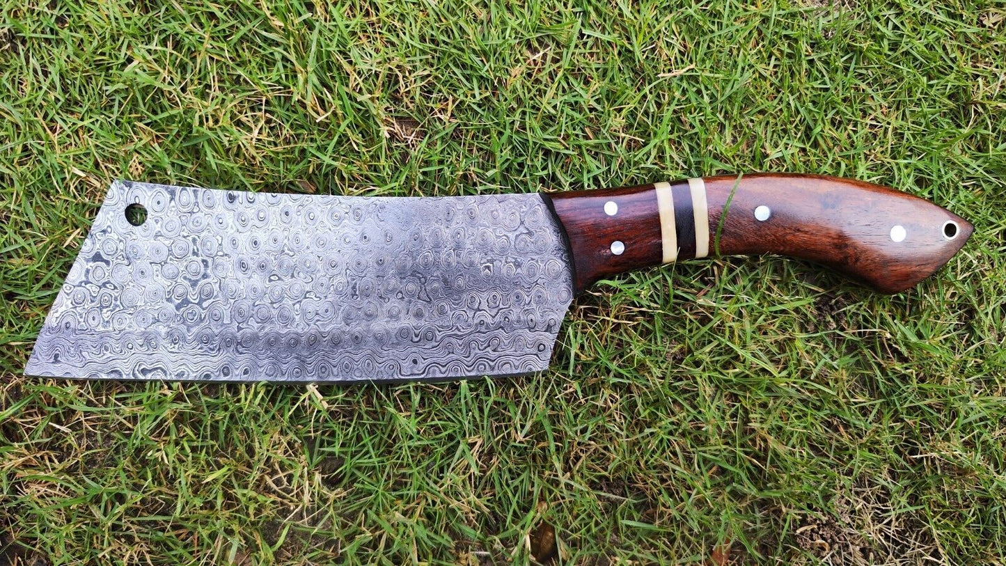 Handmade Damascus Cleaver Knife – Razor-Sharp Serbian Chef’s Butcher Knife, 9" Blade, Resin Wood Handle