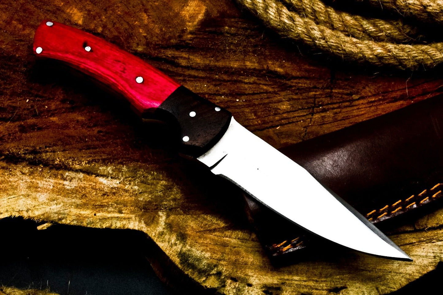 8.5" Handmade D2 Steel Small Hunting Skinner Knife Hardwood Handle with Leather Sheath