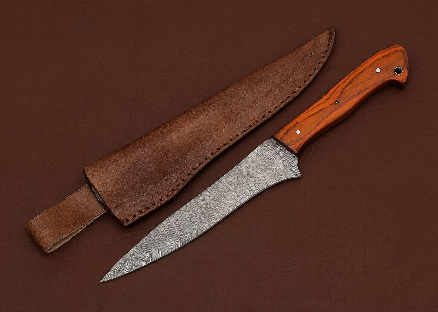 Premium Handmade Damascus Steel Chef Fillet Knife | 8" Blade with Pakka Wood Handle & Leather Sheath