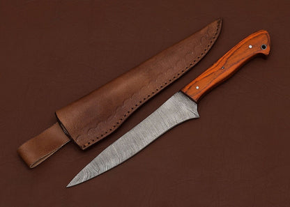Premium Handmade Damascus Steel Chef Fillet Knife | 8" Blade with Pakka Wood Handle & Leather Sheath