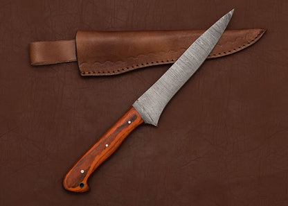 Premium Handmade Damascus Steel Chef Fillet Knife | 8" Blade with Pakka Wood Handle & Leather Sheath