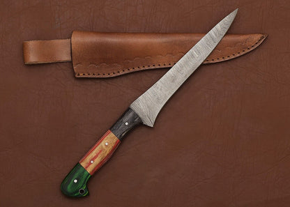 Handmade Damascus Steel Chef & Fillet Knife 8" Blade Pakka Wood Handle
