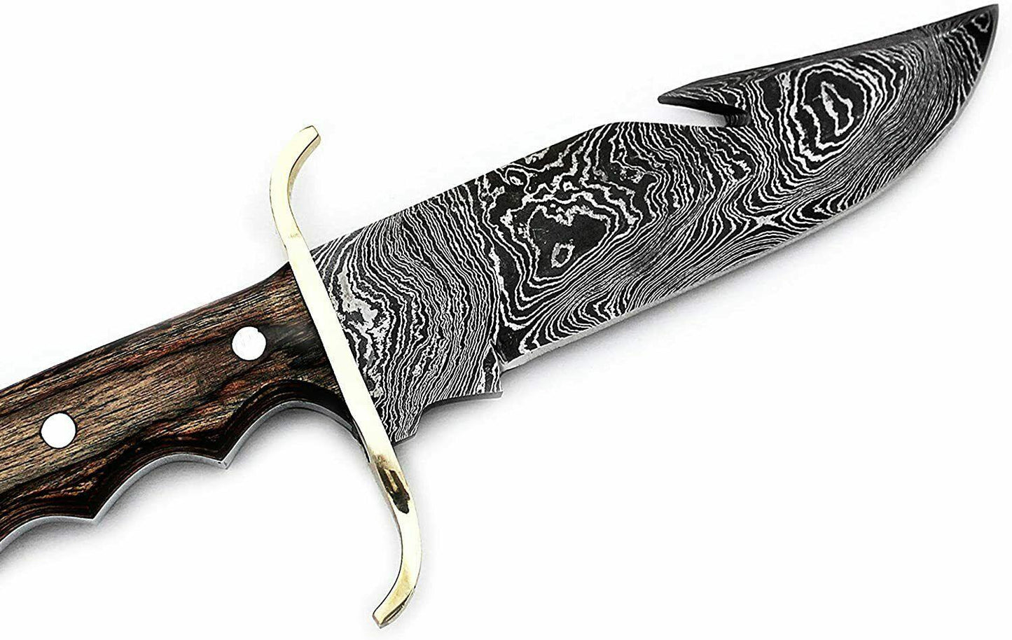 11" Damascus Gut Hook Bowie Knife | Handmade Hunting Bowie with Wood Handle