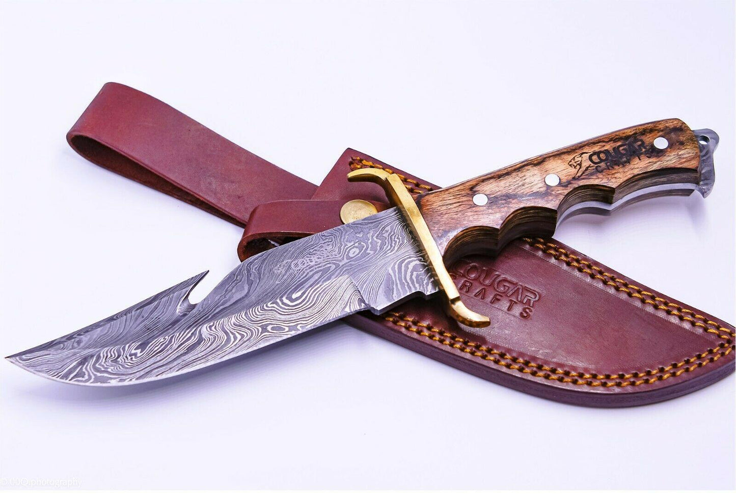 11" Damascus Gut Hook Bowie Knife | Handmade Hunting Bowie with Wood Handle
