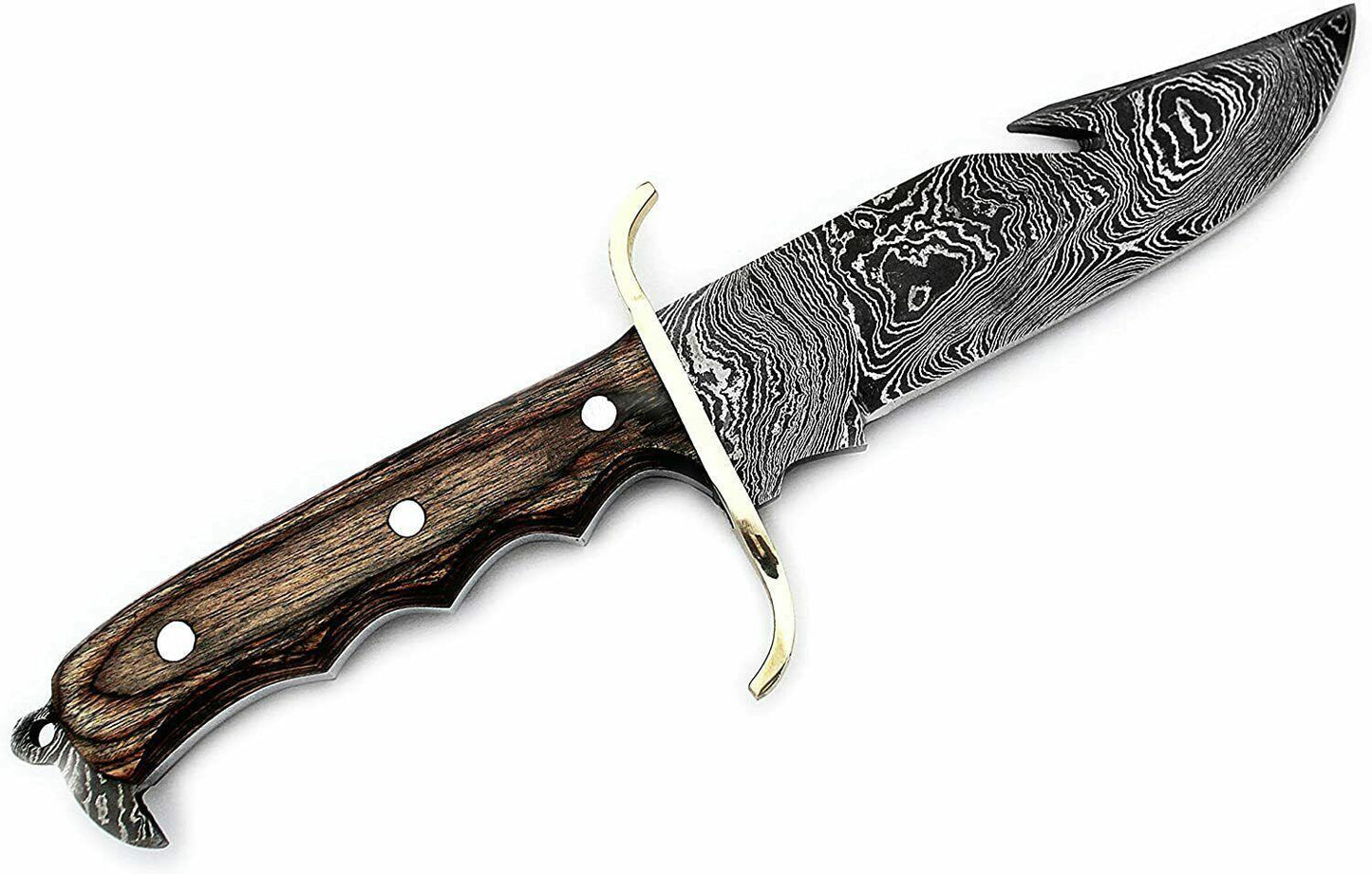 11" Damascus Gut Hook Bowie Knife | Handmade Hunting Bowie with Wood Handle