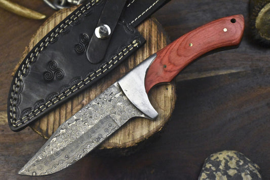 10" Rain Drop Damascus Skinner Knife with Hard Wood Handle – Hand Forged Hunting & Hiking Blade