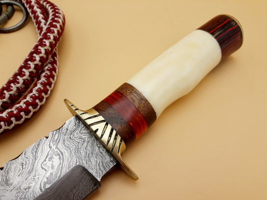 12.3" Handmade Damascus Steel Hunting Bowie Knife – Camel Bone Handle & Brass Guard