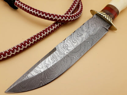 12.3" Handmade Damascus Steel Hunting Bowie Knife – Camel Bone Handle & Brass Guard