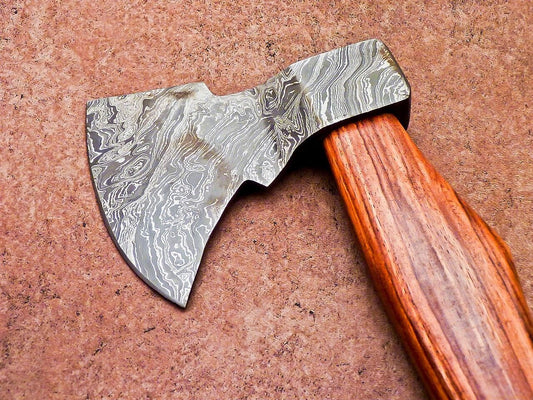 Handmade Damascus Steel Mini Tomahawk Axe with Natural Wood Handle and Leather Sheath
