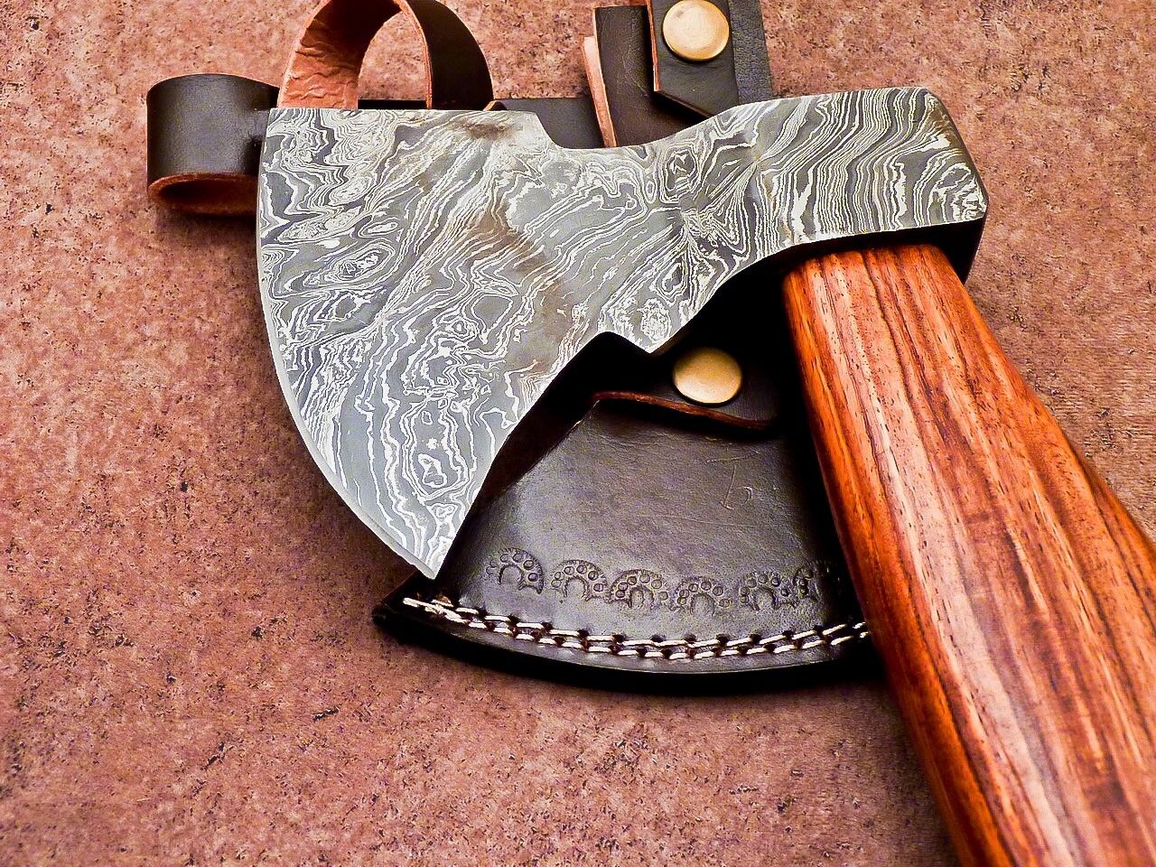 Handmade Damascus Steel Mini Tomahawk Axe with Natural Wood Handle and Leather Sheath