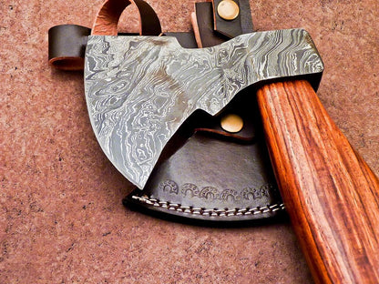 Handmade Damascus Steel Mini Tomahawk Axe with Natural Wood Handle and Leather Sheath