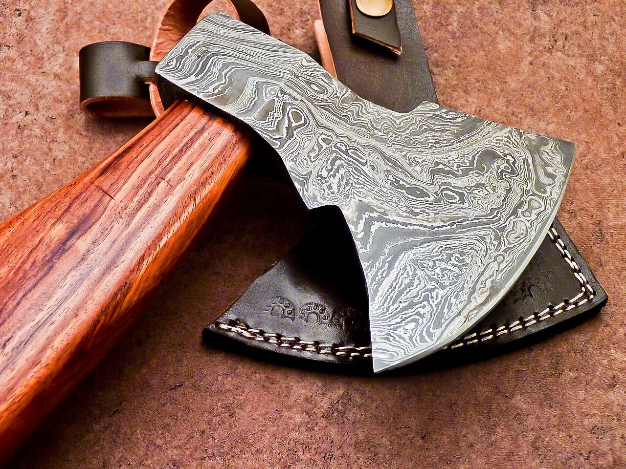 Handmade Damascus Steel Mini Tomahawk Axe with Natural Wood Handle and Leather Sheath