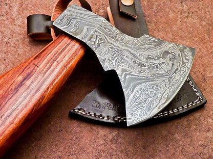 Handmade Damascus Steel Mini Tomahawk Axe with Natural Wood Handle and Leather Sheath
