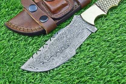 10 Inch Damascus Tracker Bowie Knife with Camel Bone Handle