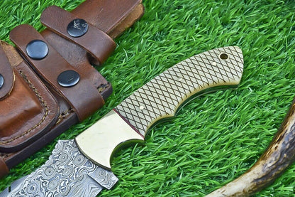 10 Inch Damascus Tracker Bowie Knife with Camel Bone Handle