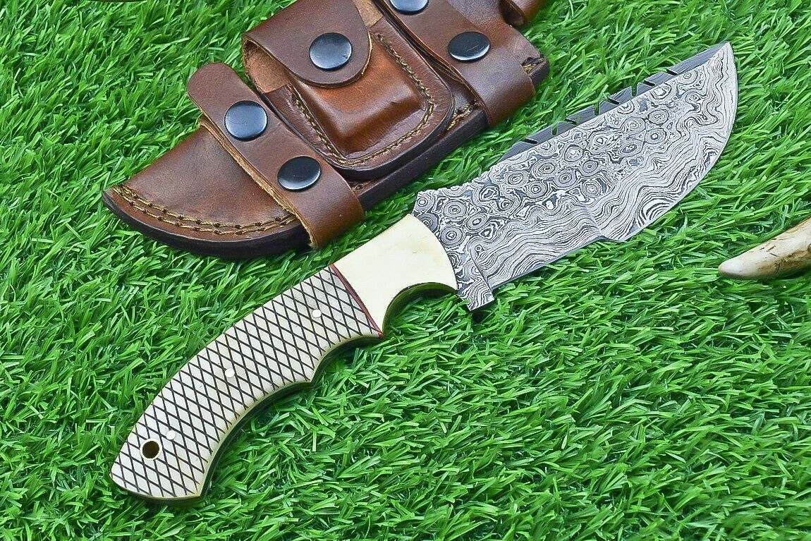 10 Inch Damascus Tracker Bowie Knife with Camel Bone Handle