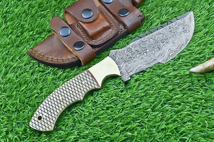 10 Inch Damascus Tracker Bowie Knife with Camel Bone Handle