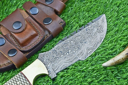 10 Inch Damascus Tracker Bowie Knife with Camel Bone Handle