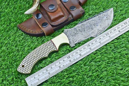 10 Inch Damascus Tracker Bowie Knife with Camel Bone Handle