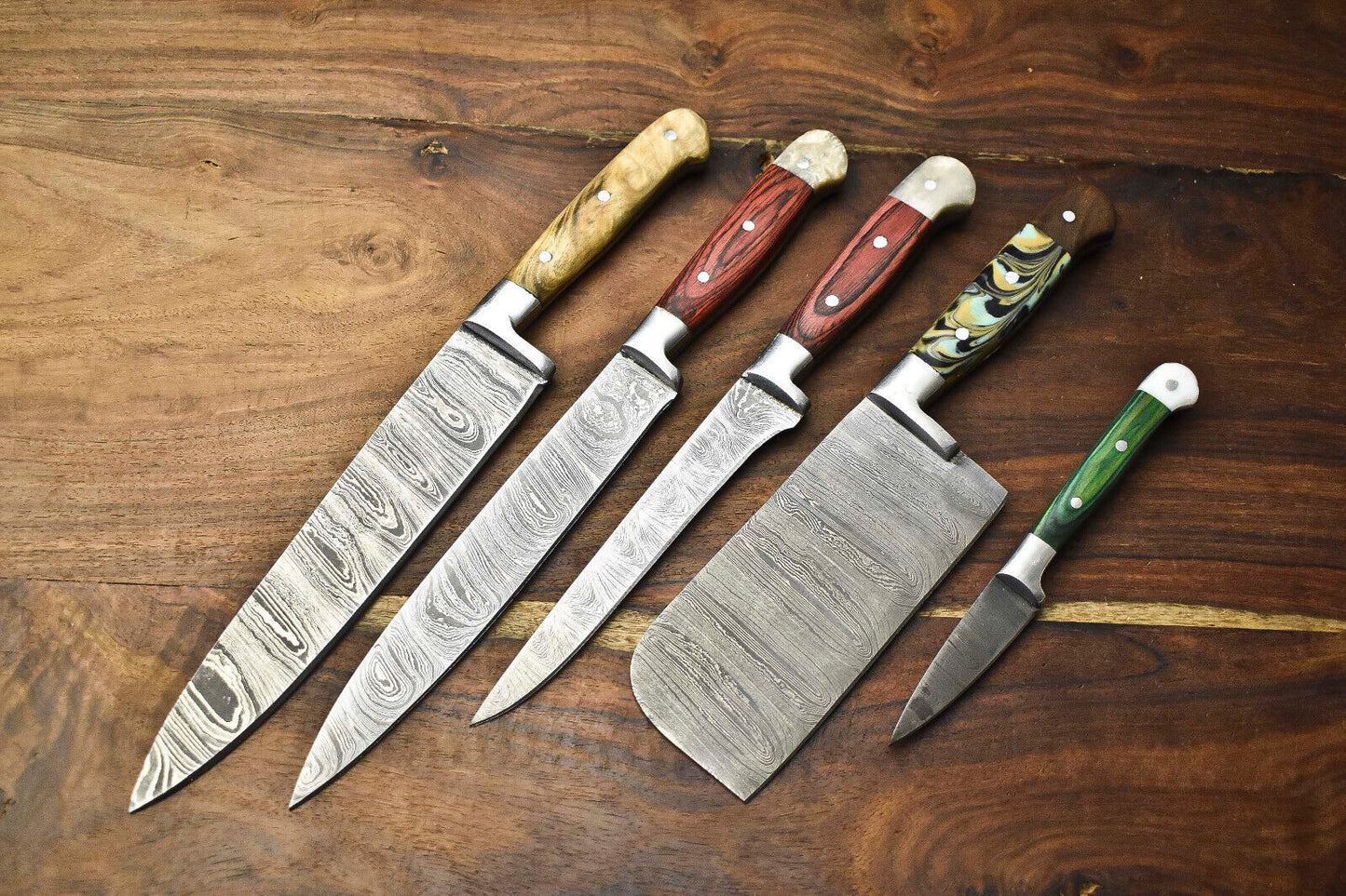 Premium Custom Set of 5 Handmade Hammered Damascus Steel Chef Knives – Authentic 384-Layer Blades