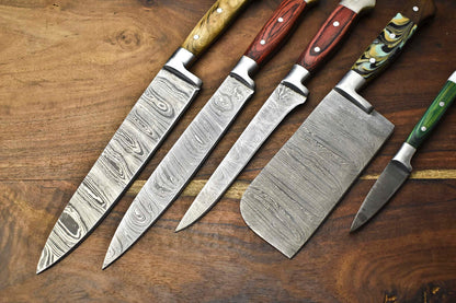Premium Custom Set of 5 Handmade Hammered Damascus Steel Chef Knives – Authentic 384-Layer Blades