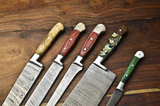 Premium Custom Set of 5 Handmade Hammered Damascus Steel Chef Knives – Authentic 384-Layer Blades