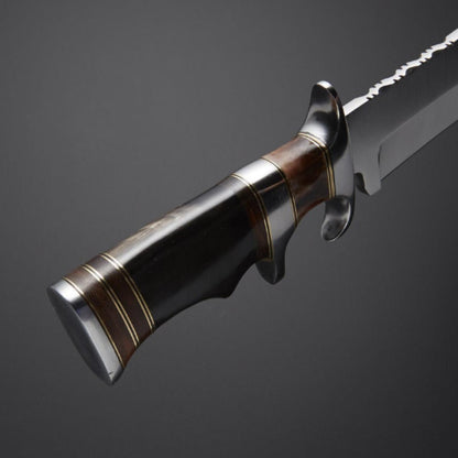 14 Inch Handmade D2 Steel Hunting Bowie Knife with Horn Handle and Leather Sheath